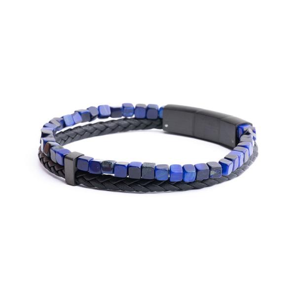 Doppeltes Armband mit schwarzem italienischem Leder und blauem Tigerauge-Stein - Double Night